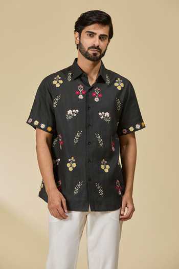 Ewoke_Black Hemp Embroidery Floral Bloom Shirt _Online_at_Aza_Fashions