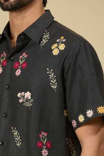 Buy_Ewoke_Black Hemp Embroidery Floral Bloom Shirt _Online_at_Aza_Fashions