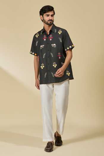 Shop_Ewoke_Black Hemp Embroidery Floral Bloom Shirt _Online_at_Aza_Fashions