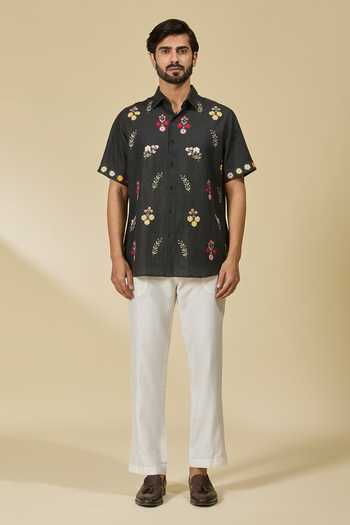 Ewoke_Black Hemp Embroidery Floral Bloom Shirt _at_Aza_Fashions