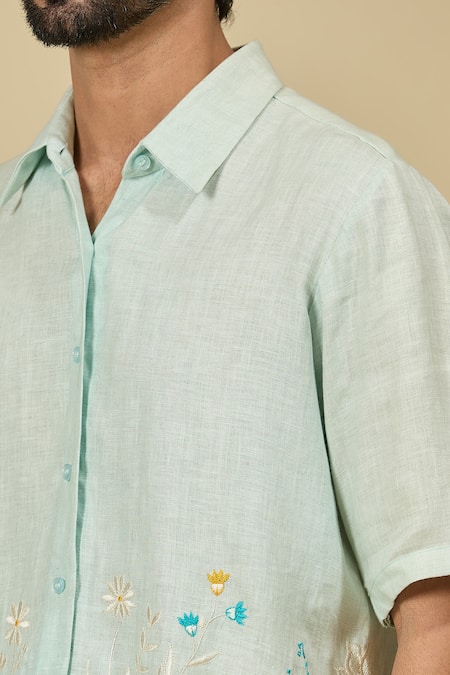 Ewoke_Green Hemp Embroidery Floral Shirt _Online_at_Aza_Fashions