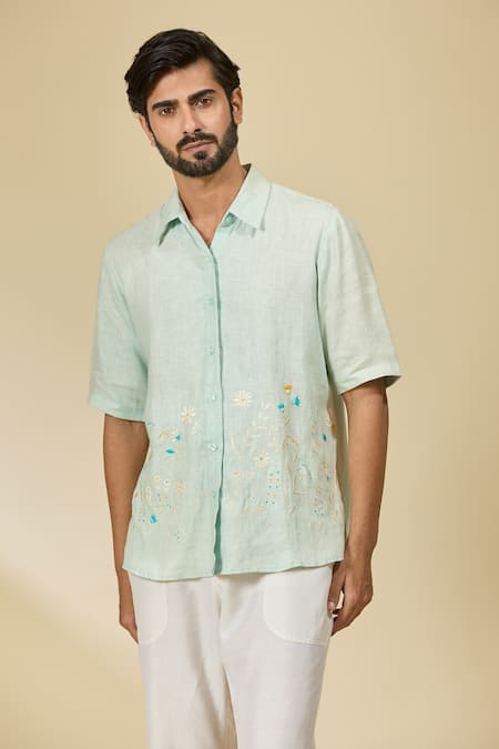 Shop_Ewoke_Green Hemp Embroidery Floral Shirt _Online_at_Aza_Fashions