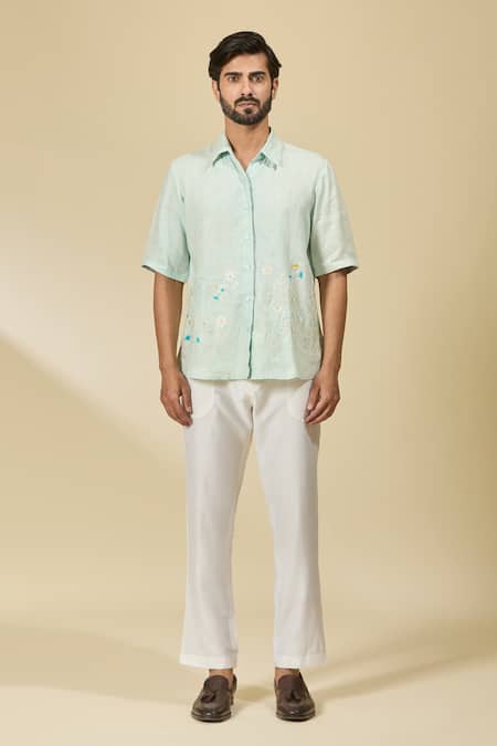 Ewoke_Green Hemp Embroidery Floral Shirt _at_Aza_Fashions