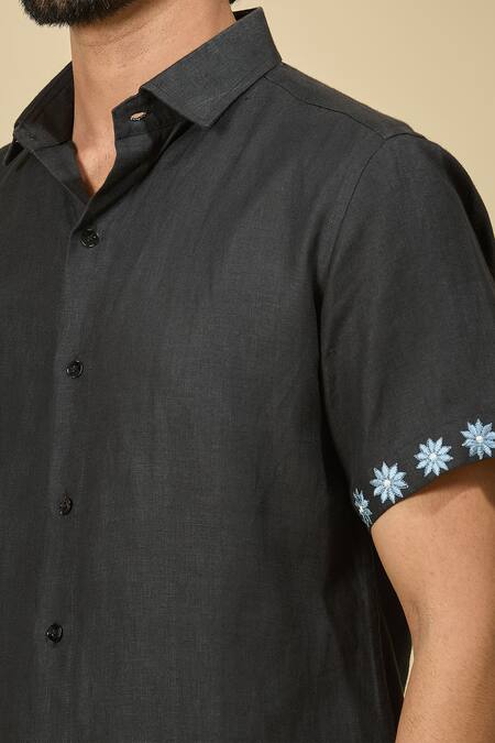 Ewoke_Black Hemp Embroidery Floral Casual Shirt _Online_at_Aza_Fashions