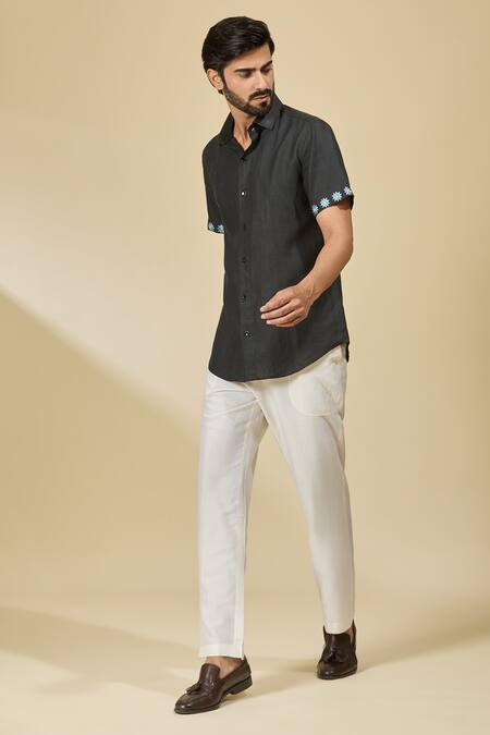 Buy_Ewoke_Black Hemp Embroidery Floral Casual Shirt _Online_at_Aza_Fashions