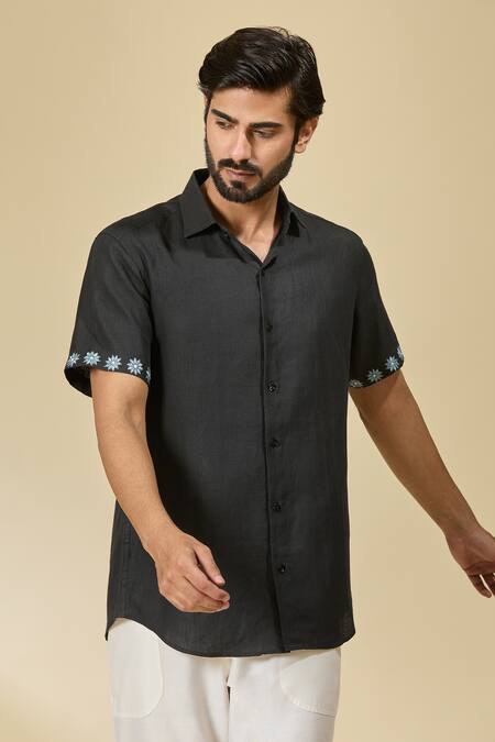 Shop_Ewoke_Black Hemp Embroidery Floral Casual Shirt _Online_at_Aza_Fashions