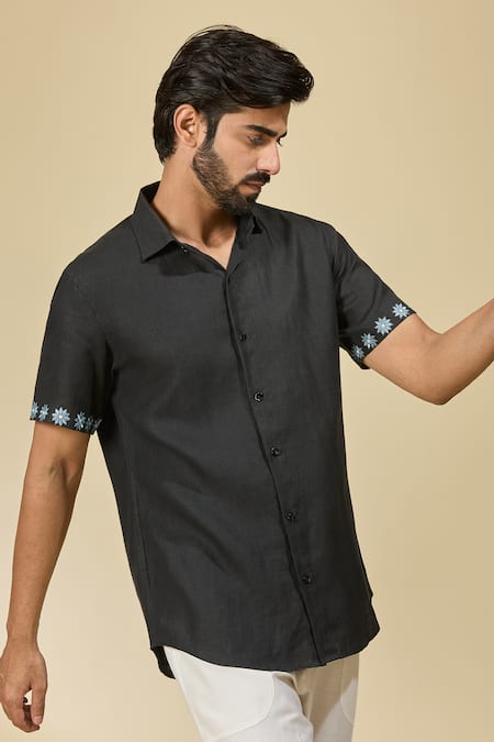 Ewoke_Black Hemp Embroidery Floral Casual Shirt _at_Aza_Fashions