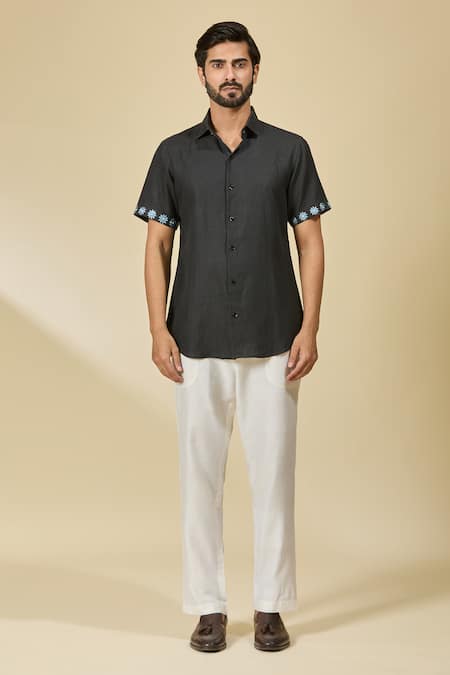 Buy_Ewoke_Black Hemp Embroidery Floral Casual Shirt 