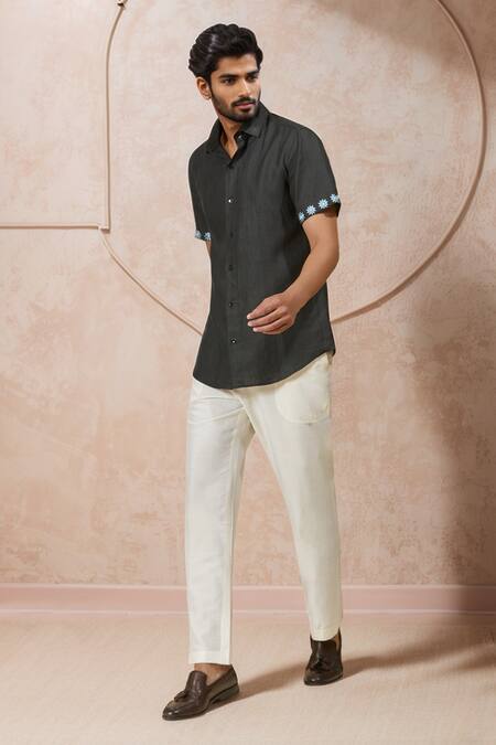 Shop_Ewoke_Black Hemp Embroidery Floral Casual Shirt 