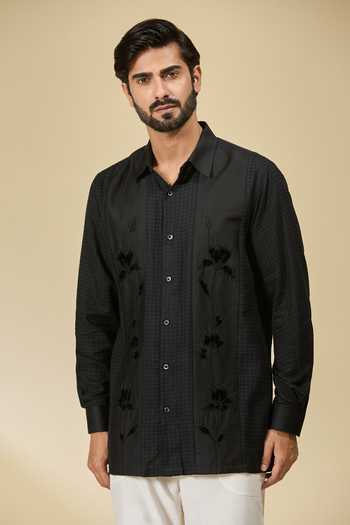 Ewoke_Black Tencel Embroidery Floral Shirt _Online_at_Aza_Fashions