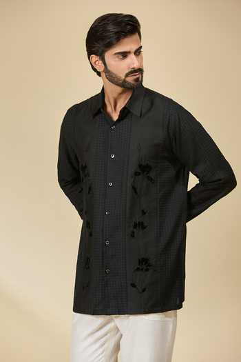 Shop_Ewoke_Black Tencel Embroidery Floral Shirt _Online_at_Aza_Fashions