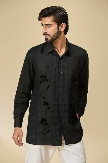 Ewoke_Black Tencel Embroidery Floral Shirt _at_Aza_Fashions