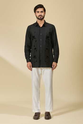 Buy_Ewoke_Black Tencel Embroidery Floral Shirt 