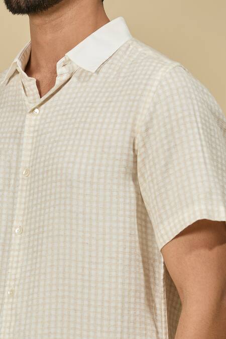 Shop_Ewoke_Off White Tencel Checkered Half Sleeve Shirt _Online_at_Aza_Fashions
