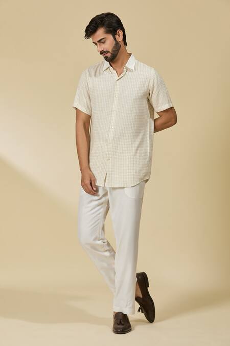 Buy_Ewoke_Off White Tencel Checkered Half Sleeve Shirt _Online_at_Aza_Fashions