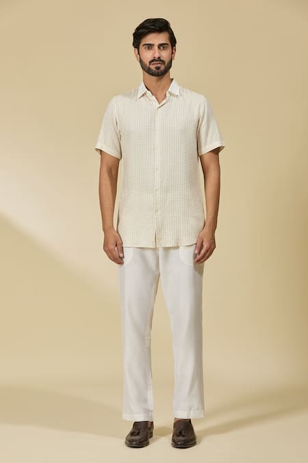 Ewoke_Off White Tencel Checkered Half Sleeve Shirt _at_Aza_Fashions