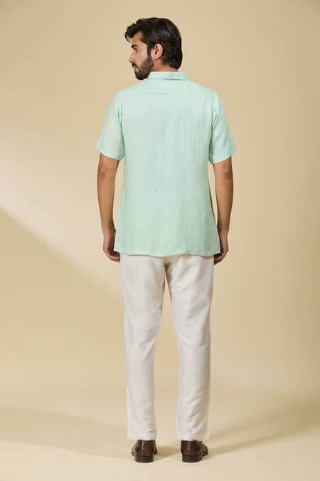 Ewoke_Blue Hemp Embroidery Bird Shirt _Online_at_Aza_Fashions