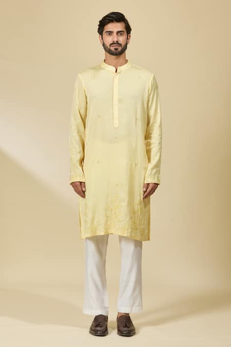 Shop_Ewoke_Yellow Tencel Embroidery Floral Thread Kurta _Online_at_Aza_Fashions