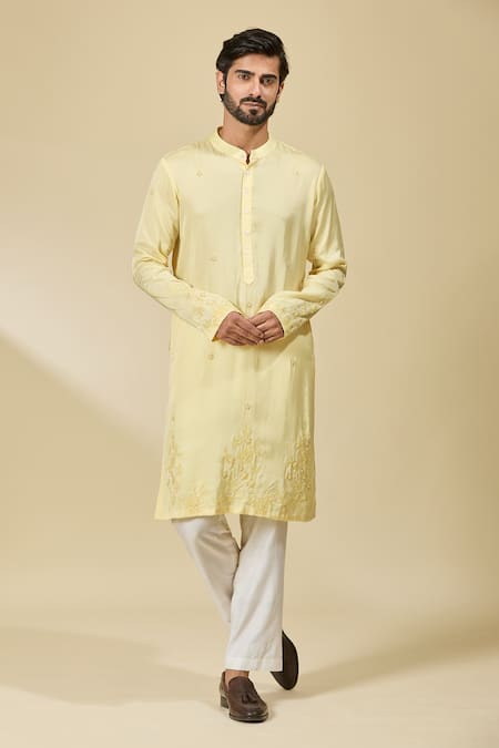 Ewoke_Yellow Tencel Embroidery Floral Thread Kurta _at_Aza_Fashions