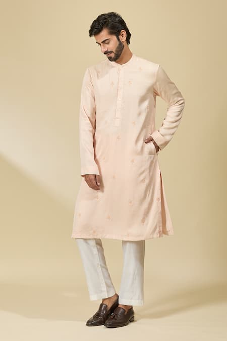 Buy_Ewoke_Pink Tencel Beads Floral Embroidered Kurta _Online_at_Aza_Fashions