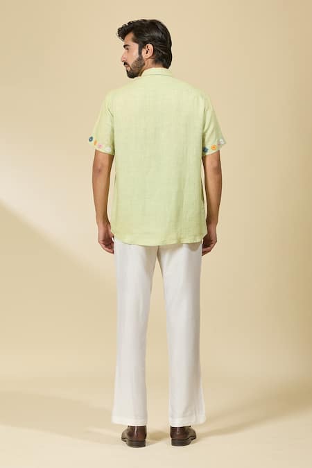 Shop Ewoke Green Hemp Embroidery Floral Shirt at Aza Fashions Shop_Ewoke_Green Hemp Embroidery Floral Shirt _at_Aza_Fashions
