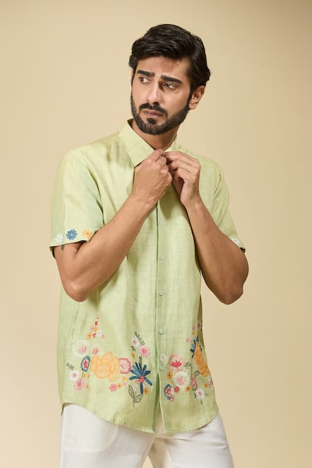 Shop Ewoke Green Hemp Embroidery Floral Shirt Online at Aza Fashions Shop_Ewoke_Green Hemp Embroidery Floral Shirt _Online_at_Aza_Fashions