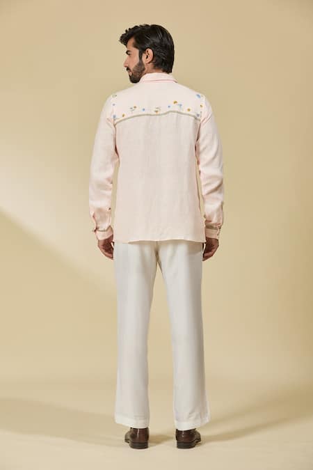 Shop Ewoke Pink Hemp Embroidery Floral Collared Shirt at Aza Fashions Shop_Ewoke_Pink Hemp Embroidery Floral Collared Shirt _at_Aza_Fashions