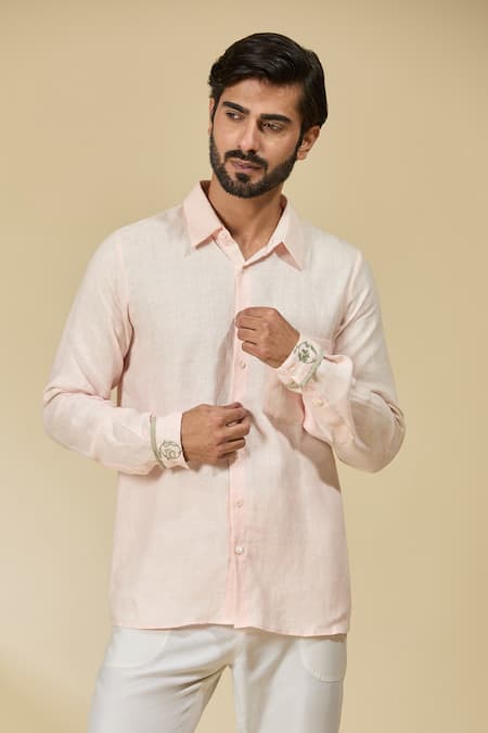 Shop Ewoke Pink Hemp Embroidery Floral Collared Shirt Online at Aza Fashions Shop_Ewoke_Pink Hemp Embroidery Floral Collared Shirt _Online_at_Aza_Fashions