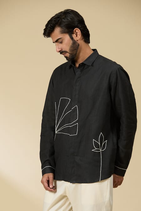 Shop_Ewoke_Black Hemp Embroidery Floral Shirt _Online_at_Aza_Fashions