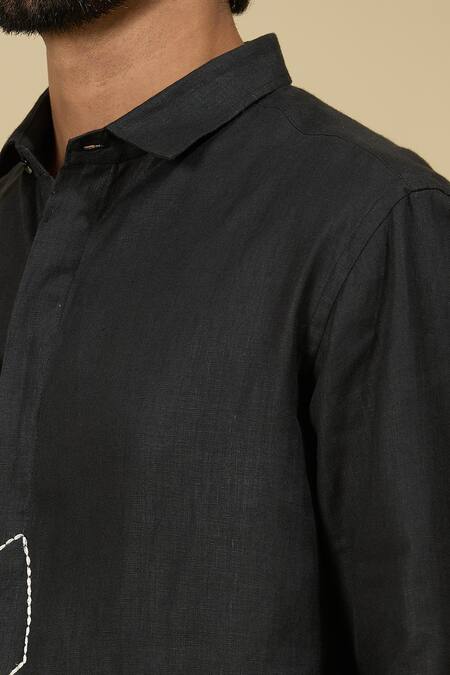 Ewoke_Black Hemp Embroidery Floral Shirt _at_Aza_Fashions