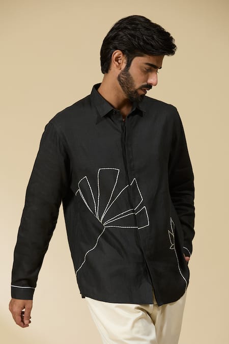 Buy_Ewoke_Black Hemp Embroidery Floral Shirt 