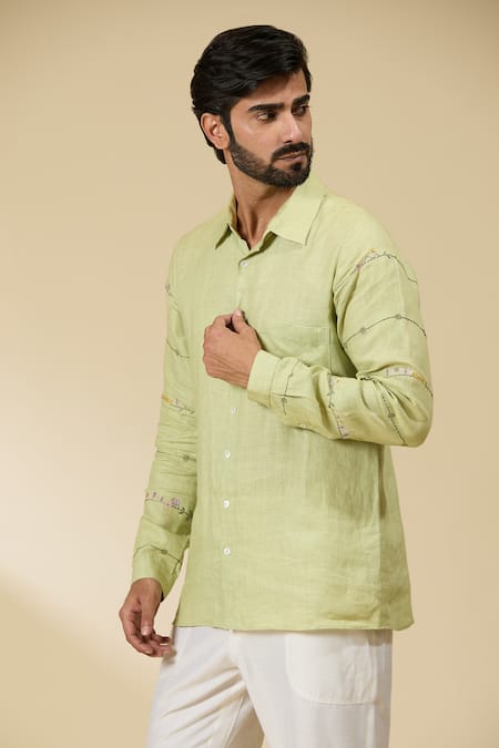 Shop Ewoke Green Hemp Embroidery Floral Sleeve Shirt Online at Aza Fashions Shop_Ewoke_Green Hemp Embroidery Floral Sleeve Shirt _Online_at_Aza_Fashions