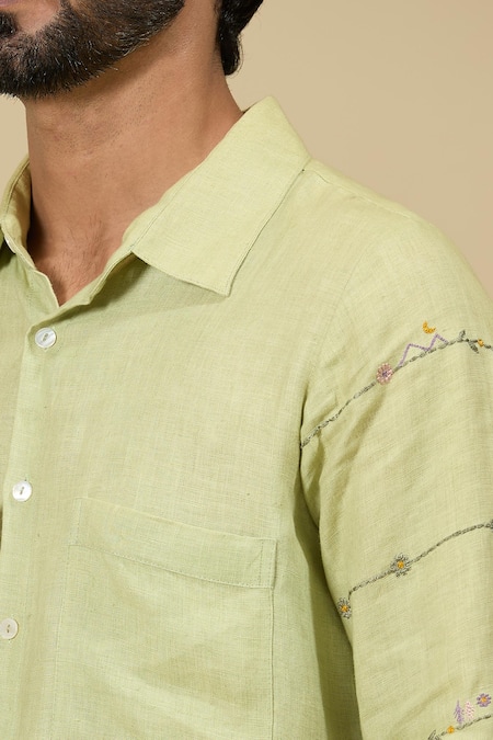 Buy Ewoke Green Hemp Embroidery Floral Sleeve Shirt Online at Aza Fashions Buy_Ewoke_Green Hemp Embroidery Floral Sleeve Shirt _Online_at_Aza_Fashions