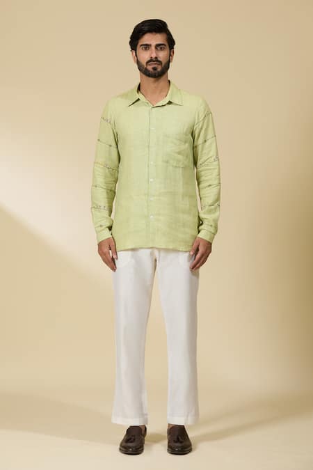 Ewoke Green Hemp Embroidery Floral Sleeve Shirt at Aza Fashions Ewoke_Green Hemp Embroidery Floral Sleeve Shirt _at_Aza_Fashions