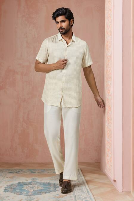 Ewoke_Off White Tencel Checkered Half Sleeve Shirt _Online_at_Aza_Fashions