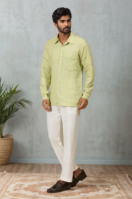 Ewoke Green Hemp Embroidery Floral Sleeve Shirt Online at Aza Fashions Ewoke_Green Hemp Embroidery Floral Sleeve Shirt _Online_at_Aza_Fashions