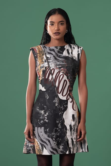 Advait_Multi Color Satin Boat Neck Abstract Print Sleeveless Dress _Online_at_Aza_Fashions