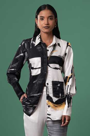 Advait_Black Satin Pearls Collared Onyx Abstract Print Shirt _Online_at_Aza_Fashions