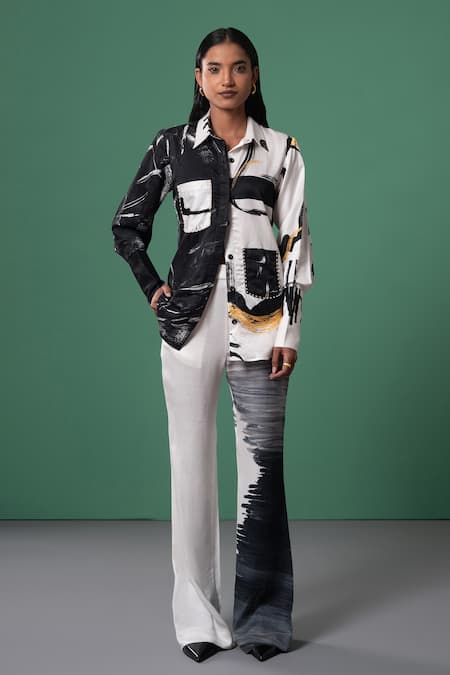 Advait Black & White Abstract Print Flared Trouser 