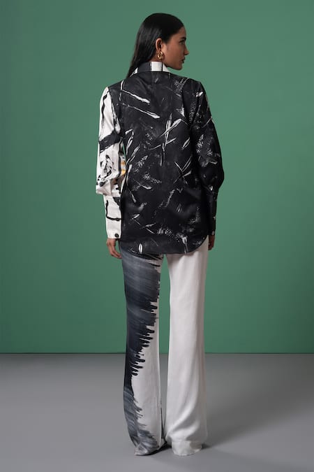 Shop Advait Black Satin, Twill And White Abstract Print Flared Trouser at Aza Fashions Shop_Advait_Black Satin, Twill And White Abstract Print Flared Trouser _at_Aza_Fashions