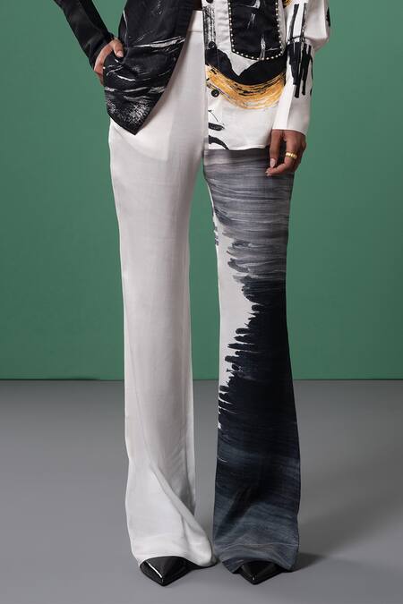 Advait Black Satin, Twill And White Abstract Print Flared Trouser Online at Aza Fashions Advait_Black Satin, Twill And White Abstract Print Flared Trouser _Online_at_Aza_Fashions