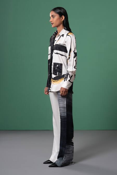 Buy Advait Black Satin, Twill And White Abstract Print Flared Trouser Online at Aza Fashions Buy_Advait_Black Satin, Twill And White Abstract Print Flared Trouser _Online_at_Aza_Fashions