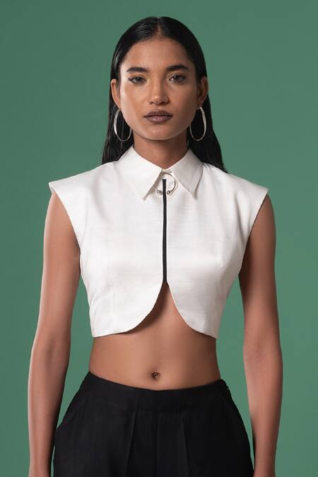 Advait_White , Cotton Collared Cap Sleeve Crop Shirt _Online_at_Aza_Fashions
