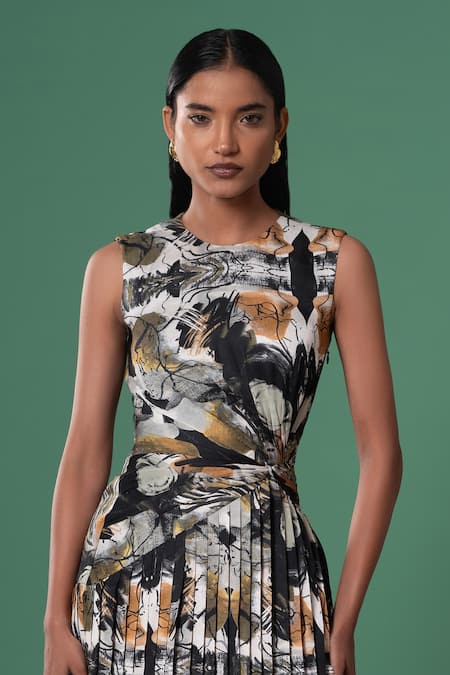 Advait_Multi Color Linen, Satin Round Neck Floral Print Pleated Midi Dress _Online_at_Aza_Fashions