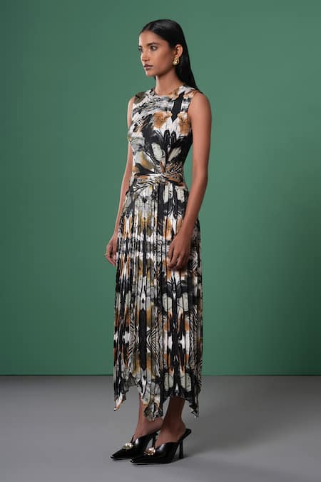 Buy_Advait_Multi Color Linen, Satin Round Neck Floral Print Pleated Midi Dress _Online_at_Aza_Fashions
