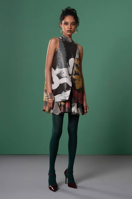 Buy_Advait_Multi Color Linen, Satin Zari High Neck Abstract Print Mini Dress _Online_at_Aza_Fashions
