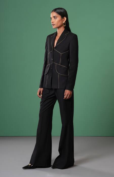 Advait_Black Polyester, Cotton Stitchline Tailored Blazer _Online_at_Aza_Fashions