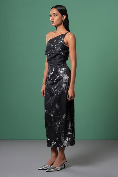 Advait_Black Satin One Shoulder Galaxy Print Midi Dress _Online_at_Aza_Fashions