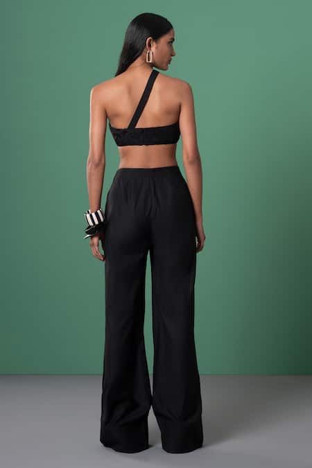 Shop Advait Black Polyester, Cotton Off-shoulder Pleated Bralette And Trouser Set at Aza Fashions Shop_Advait_Black Polyester, Cotton Off-shoulder Pleated Bralette And Trouser Set _at_Aza_Fashions