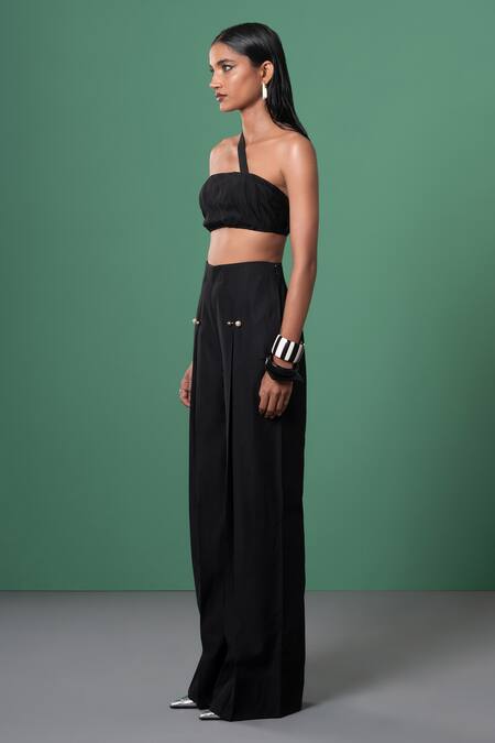 Advait Black Polyester, Cotton Off-shoulder Pleated Bralette And Trouser Set Online at Aza Fashions Advait_Black Polyester, Cotton Off-shoulder Pleated Bralette And Trouser Set _Online_at_Aza_Fashions